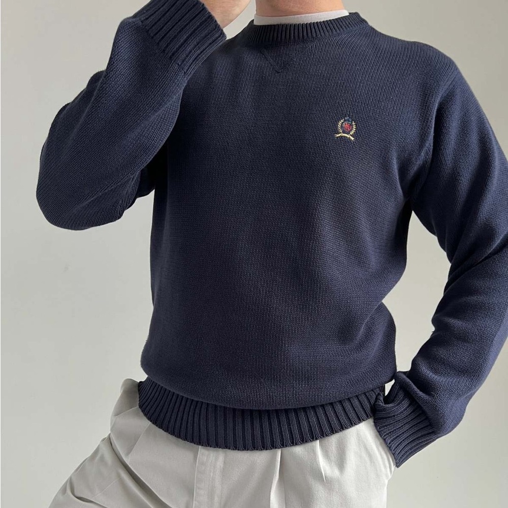 Tommy Hilfiger size large 100% cotton vintage navy blue knitted jumper knitwear